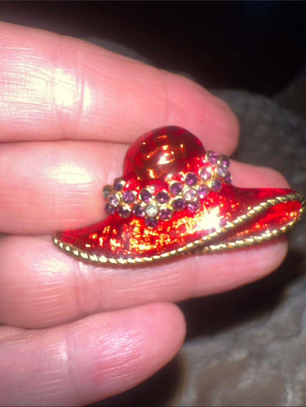 Howard’s vintage Red Enamel Hat Brooch with Rhinestone Band - Women Jewelry